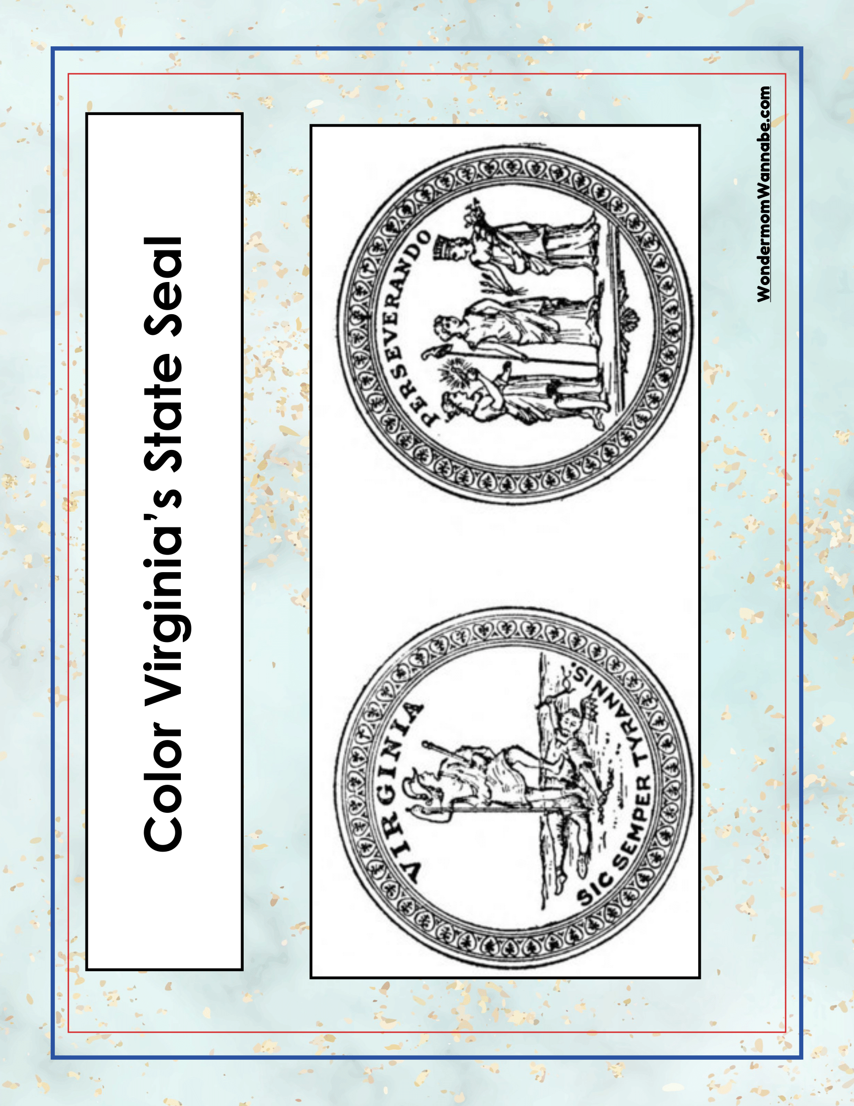 The Virginia Travel Guide and Activity Kit for Kids from Wondermom Shop includes a coloring sheet that features Virginia's state seal displayed twice, with a blank space for coloring and a title that reads "Color Virginia's State Seal" on a decorative background. It's perfect for adding to your printable travel kit or exploring fun activities related to Virginia.