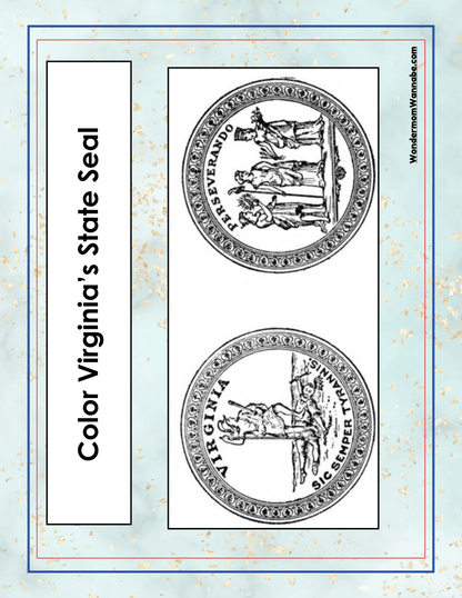 The Virginia Travel Guide and Activity Kit for Kids from Wondermom Shop includes a coloring sheet that features Virginia's state seal displayed twice, with a blank space for coloring and a title that reads "Color Virginia's State Seal" on a decorative background. It's perfect for adding to your printable travel kit or exploring fun activities related to Virginia.