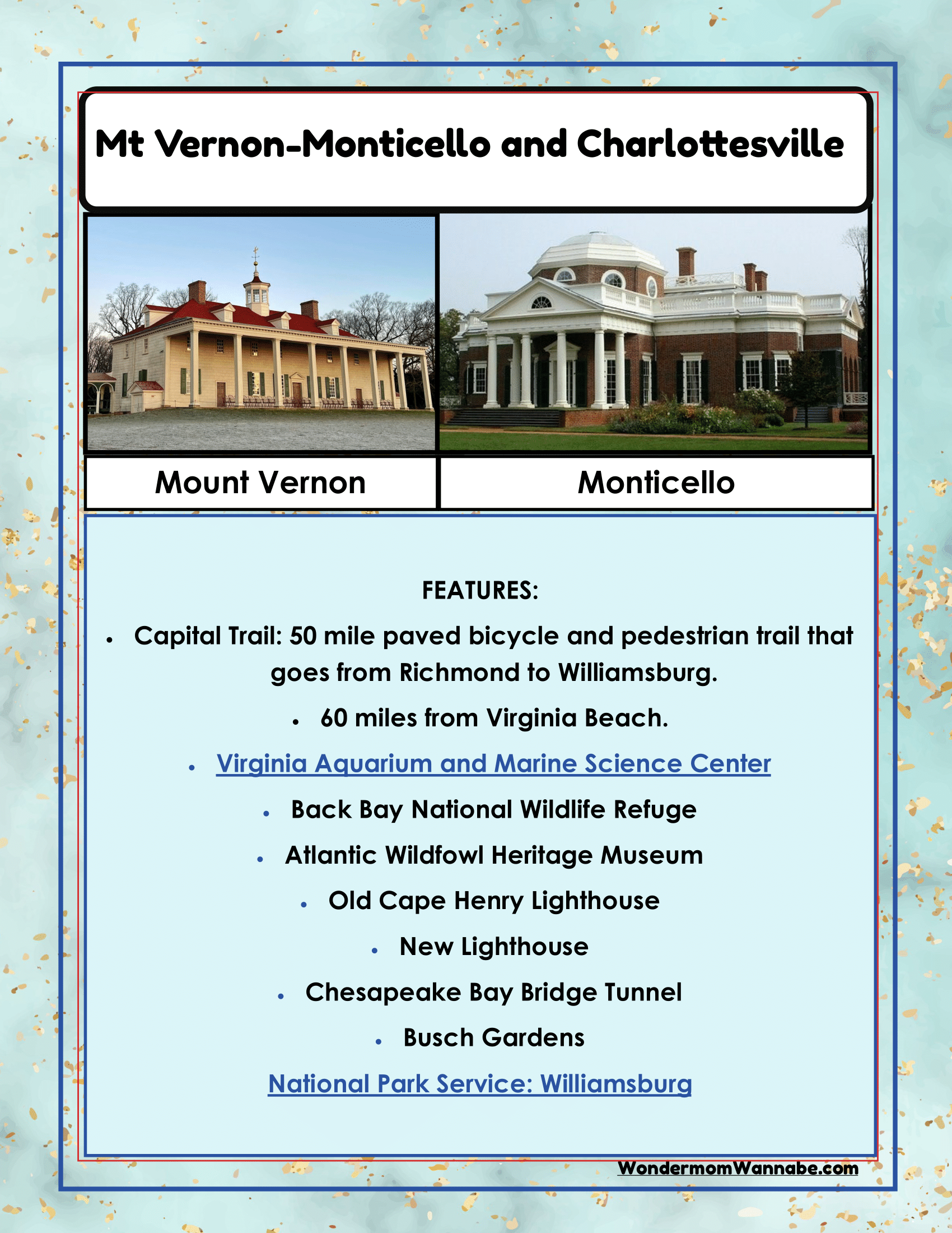 Check out the Wondermom Shop's Virginia Travel Guide and Activity Kit for Kids! This informational flyer for Mt Vernon-Monticello and Charlottesville is packed with photos of Mount Vernon and Monticello, as well as details on local attractions like trails, museums, and parks. Perfect for visitors, this printable travel kit offers a plethora of Virginia activities.