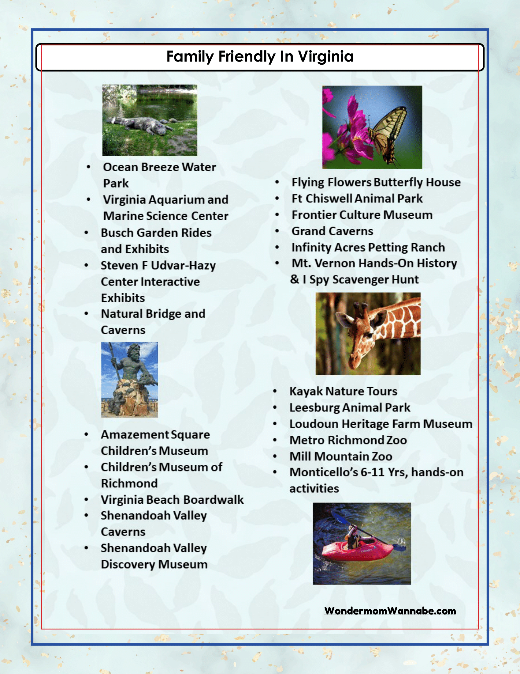 A list titled "Family Friendly in Virginia" detailing various family-friendly attractions, such as parks, museums, zoos, and historical sites. Perfect for planning your trip with the comprehensive *Virginia Travel Guide and Activity Kit for Kids* from Wondermom Shop to keep everyone entertained.