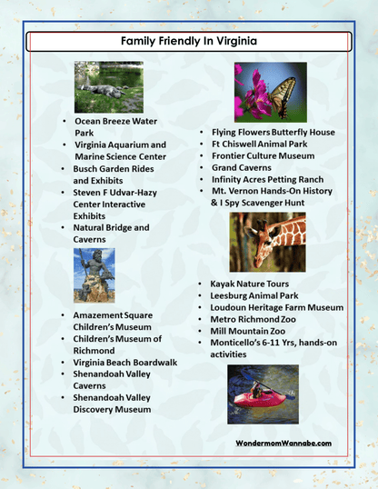 A list titled "Family Friendly in Virginia" detailing various family-friendly attractions, such as parks, museums, zoos, and historical sites. Perfect for planning your trip with the comprehensive *Virginia Travel Guide and Activity Kit for Kids* from Wondermom Shop to keep everyone entertained.