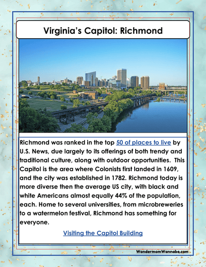 Image of Richmond, Virginia's skyline with a river in the foreground. Text highlights Richmond's history, diversity, and opportunities. Discover more about visiting the Capitol Building and download Wondermom Shop's Virginia Travel Guide and Activity Kit for Kids to enhance your trip.