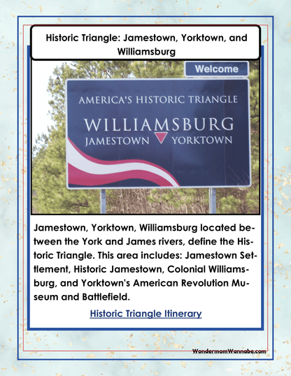 Discover the wonders of America's Historic Triangle with our Virginia Travel Guide and Activity Kit for Kids by Wondermom Shop. This informative kit highlights Williamsburg, Jamestown, and Yorktown, detailing their historical significance and offering exciting itinerary suggestions. It's the perfect addition to your Virginia travel planning or a fun, educational printable set for your next family adventure!