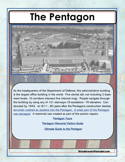 Discover an informative poster about the Pentagon, included in our Virginia Travel Guide and Activity Kit for Kids by Wondermom Shop. This feature highlights the building's structure, history, and the impact of the 9/11 terrorist attack. It also includes building specifications and links for guided tours—perfect for inclusion in your printable travel kit!
