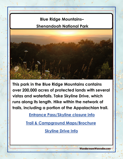Informational poster about the Blue Ridge Mountains in Shenandoah National Park detailing over 200,000 acres with vistas, waterfalls, and trails, including part of the Appalachian Trail. Perfect for your Virginia Travel Guide and Activity Kit for Kids by Wondermom Shop. Links for more information.