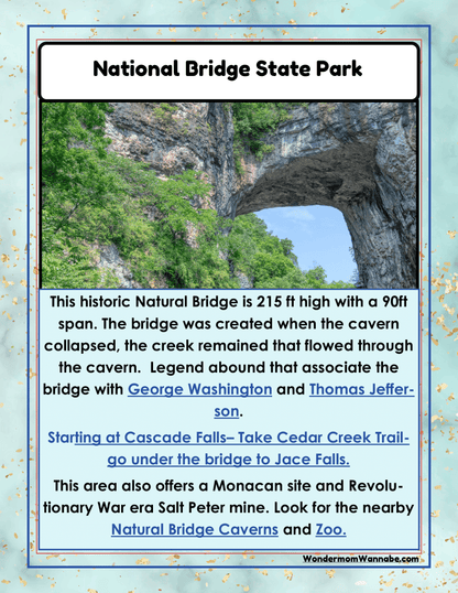 Informational sign about National Bridge State Park describing the natural bridge formation, historical associations, and nearby attractions including the Cedar Creek Trail and Natural Bridge Caverns and Zoo. Perfect for any **Virginia Travel Guide and Activity Kit for Kids** by **Wondermom Shop** or printable travel kit on Virginia activities.