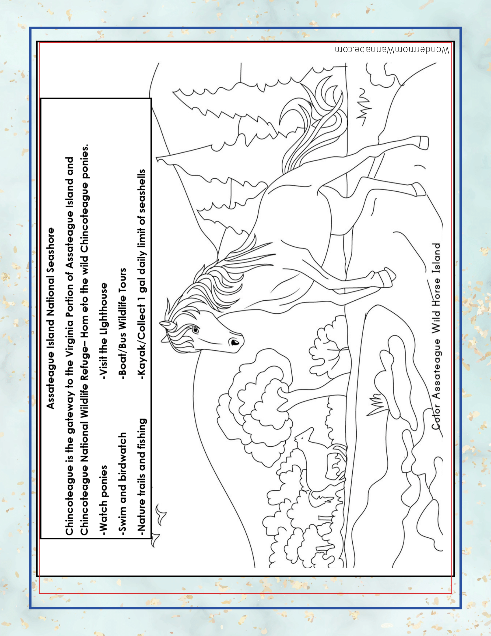 Coloring page of a wild horse running through Assateague Island National Seashore. The text describes various activities such as biking, fishing, and birdwatching available in the area. Don't forget to check out our "Virginia Travel Guide and Activity Kit for Kids" by Wondermom Shop for more exciting Virginia activities!