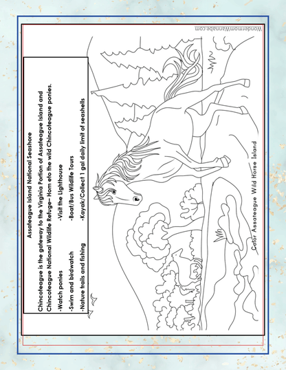 Coloring page of a wild horse running through Assateague Island National Seashore. The text describes various activities such as biking, fishing, and birdwatching available in the area. Don't forget to check out our "Virginia Travel Guide and Activity Kit for Kids" by Wondermom Shop for more exciting Virginia activities!