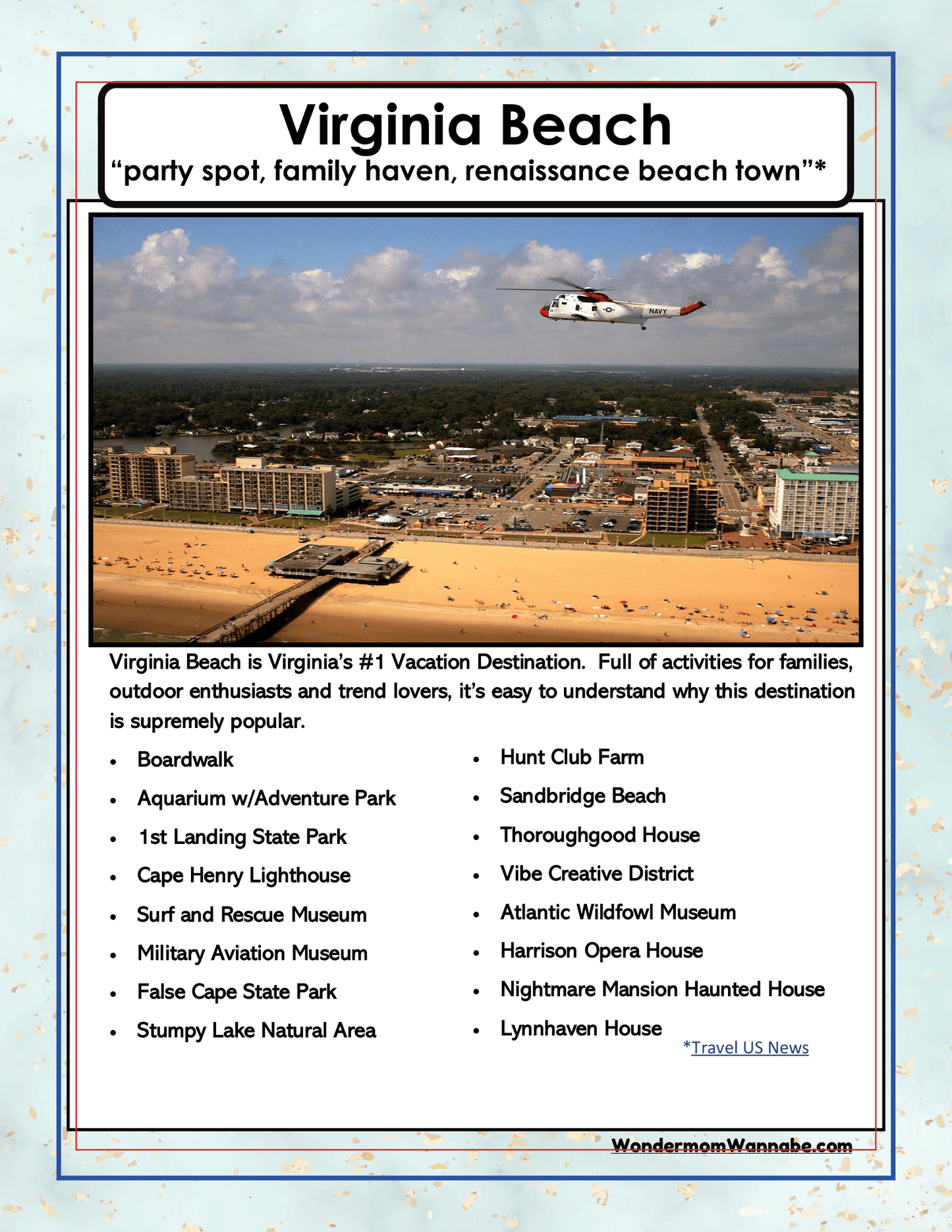 An aerial view of Virginia Beach showcases a helicopter flying over the shoreline, with text highlighting attractions such as the boardwalk, aquarium, state park, and various museums—perfect for planning with your Wondermom Shop's "Virginia Travel Guide and Activity Kit for Kids.