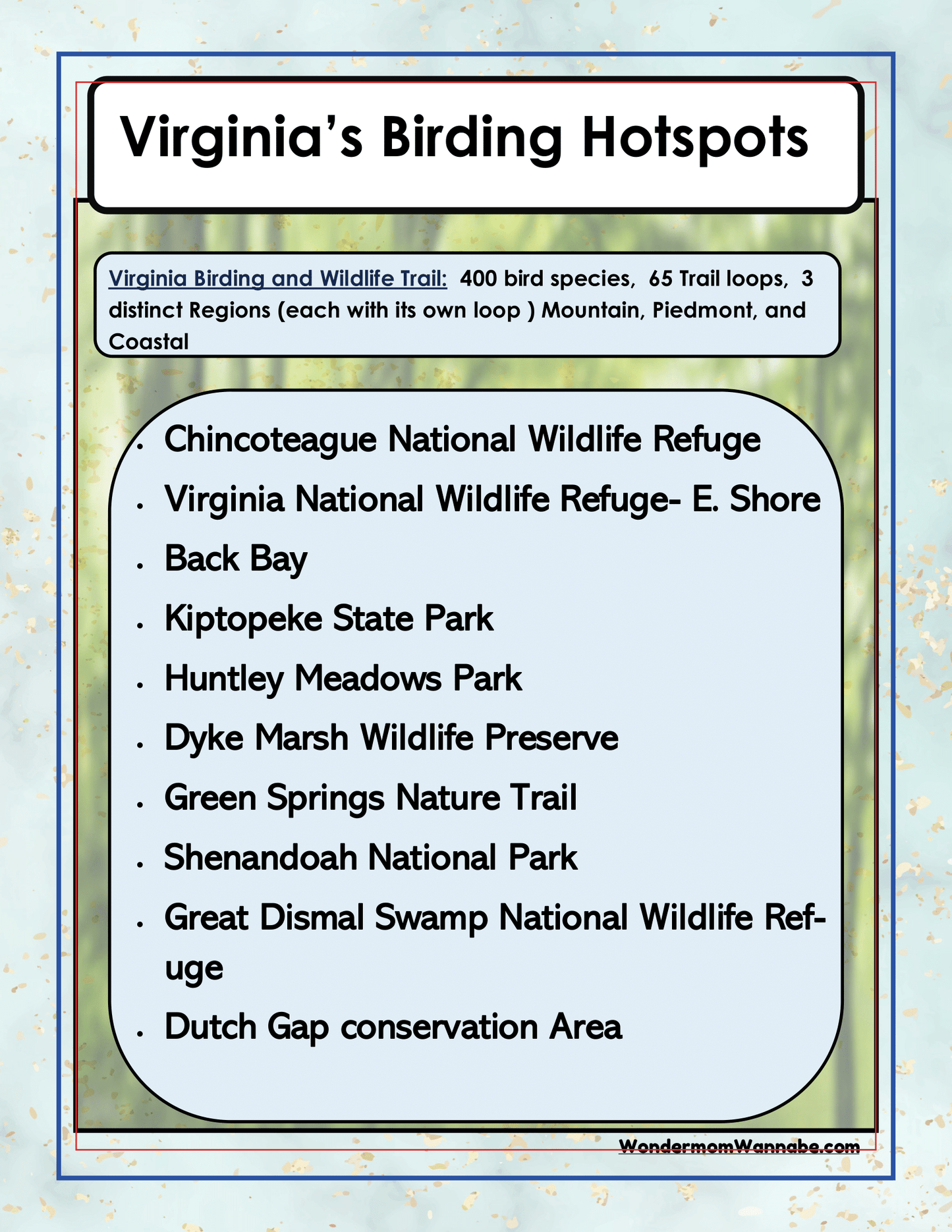 Introducing the Virginia Travel Guide and Activity Kit for Kids by Wondermom Shop, showcasing a list titled "Virginia’s Birding Hotspots" that features premier wildlife areas such as Chincoteague National Wildlife Refuge, Back Bay, Shenandoah National Park, and more. This kit is ideal for any Virginia travel guide or printable travel kit.