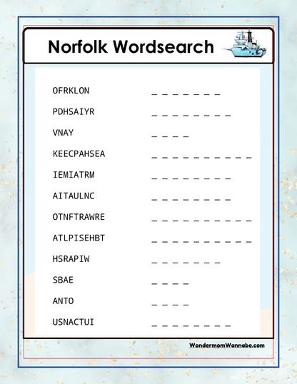 A word search titled "Virginia Travel Guide and Activity Kit for Kids" includes scrambled words with corresponding spaces on the right for answers. At the bottom corner, it reads "Wondermom Shop." The background features a nautical theme, adding a fun twist to your Virginia travel guide.