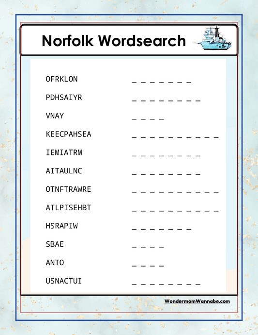 A word search titled "Virginia Travel Guide and Activity Kit for Kids" includes scrambled words with corresponding spaces on the right for answers. At the bottom corner, it reads "Wondermom Shop." The background features a nautical theme, adding a fun twist to your Virginia travel guide.