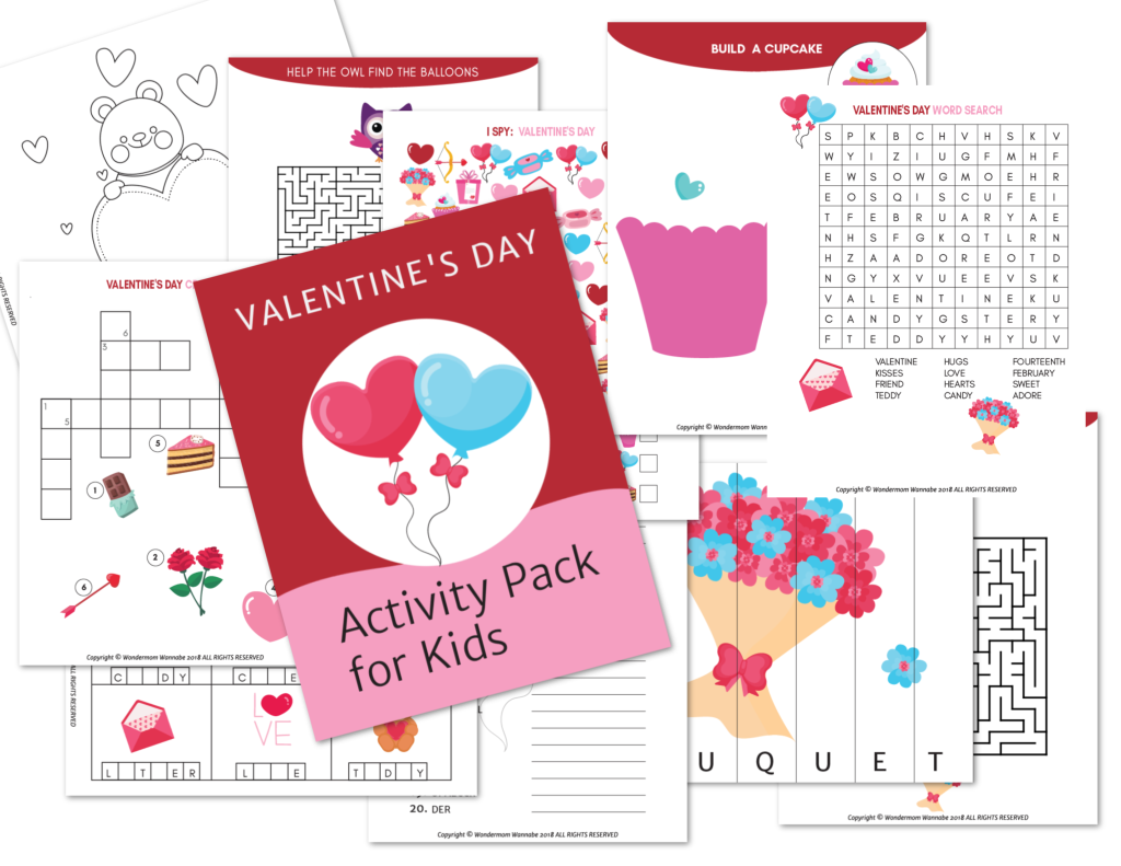 Explore Wondermom Shop's printable Valentine's Day Activity Kit for Kids featuring word searches, mazes, and heart-and-balloon coloring pages—ideal for at-home fun to entertain and engage your little ones!.