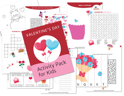 Explore Wondermom Shop's printable Valentine's Day Activity Kit for Kids featuring word searches, mazes, and heart-and-balloon coloring pages—ideal for at-home fun to entertain and engage your little ones!.