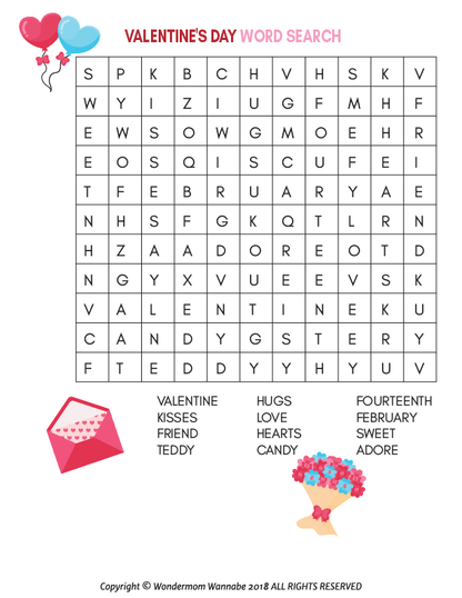 Celebrate Valentine's Day with Wondermom Shop's Valentine's Day Activity Kit for Kids. This printable word search puzzle includes themed words like "KISSES" and "HEARTS," featuring decorative elements such as balloons, an envelope, and a bouquet—ideal for kids' festive fun!.