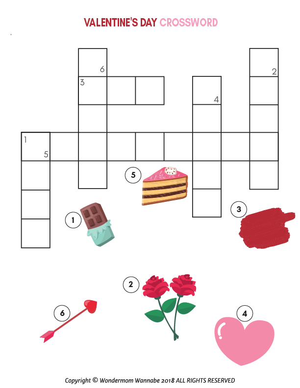 Enjoy Wondermom Shop's Printable Valentine's Day crossword puzzle, featuring a chocolate bar, roses, an arrow, cake slice, pink heart, and red paint. Ideal for adding to the Valentine's Day Activity Kit for Kids or as part of fun Valentine's activities!.