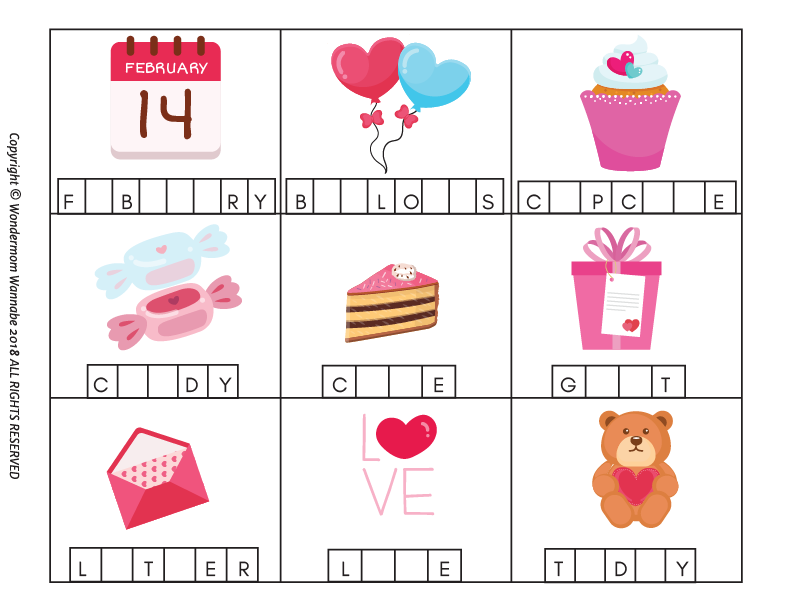 Explore Wondermom Shop's Valentine's Day Activity Kit for Kids, a printable word puzzle featuring charming images like calendars, balloons, and cupcakes. Perfect for children to fill in the blanks and discover festive words.