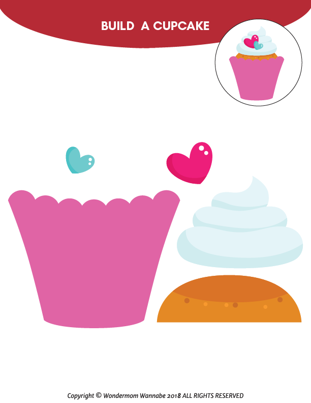 Experience the Valentine's Day Activity Kit for Kids by Wondermom Shop, featuring a cupcake-building activity with pink wrappers, frosting, cake base, and heart decorations—ideal for your printable Valentine's celebration.