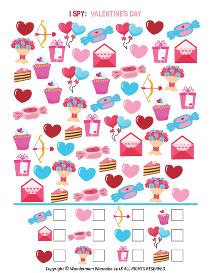 Wondermom Shop's Valentine's Day Activity Kit for Kids features a printable I Spy game with hearts, gifts, and cupcakes in pink and red—perfect for engaging kids in playful love-themed fun.