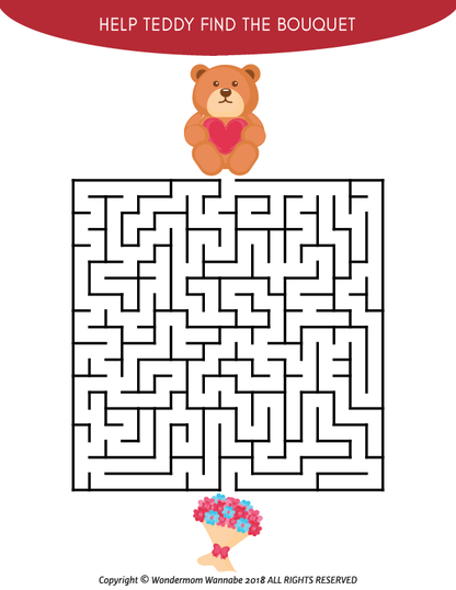 The Valentine's Day Activity Kit for Kids by Wondermom Shop includes a maze puzzle featuring a teddy bear with a heart and flowers. The text reads, "Help Teddy Find the Bouquet." It's an engaging printable activity to entertain kids on Valentine's Day.