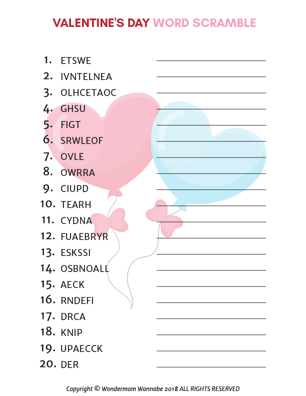The Valentine's Day Activity Kit for Kids by Wondermom Shop includes a printable word scramble puzzle with 20 scrambled words alongside heart-shaped balloon illustrations, offering children fun-filled Valentine's activities.