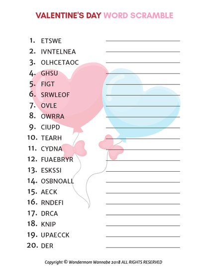 The Valentine's Day Activity Kit for Kids by Wondermom Shop includes a printable word scramble puzzle with 20 scrambled words alongside heart-shaped balloon illustrations, offering children fun-filled Valentine's activities.