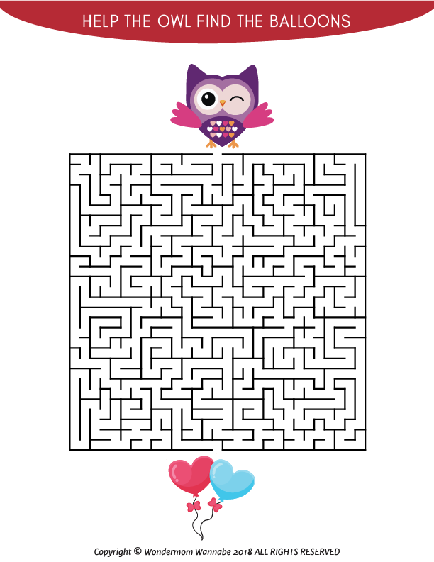 The Wondermom Shop's Valentine's Day Activity Kit for Kids features a maze with a winking owl above and balloons at the bottom, plus the text "Help the owl find the balloons." Perfect for Valentine's Day fun!.