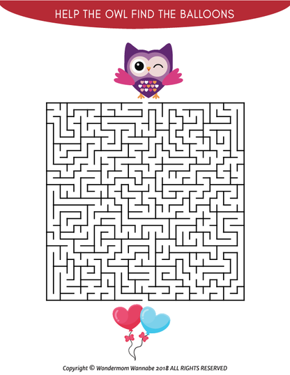 The Wondermom Shop's Valentine's Day Activity Kit for Kids features a maze with a winking owl above and balloons at the bottom, plus the text "Help the owl find the balloons." Perfect for Valentine's Day fun!.