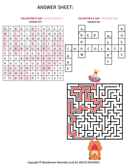 Wondermom Shop's Valentine's Day Activity Kit for Kids features themed puzzles including a word search, crossword, and maze with solutions highlighted in each printable challenge—perfect for kids' Valentine's activities!.