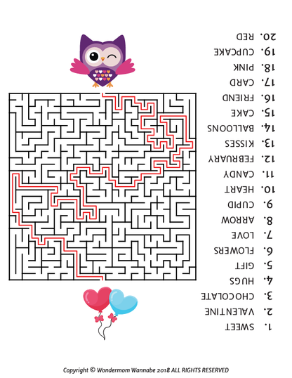 The Valentine's Day Activity Kit for Kids from Wondermom Shop features a maze starting with "RED" at the top and ending with "VALENTINE," complete with a red path. An owl and two balloons add whimsy, perfect for printable Valentine's Day fun.