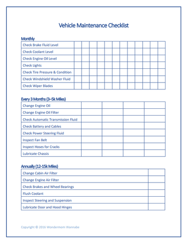 Printable VIP Vault Car Maintenance Checklist template.