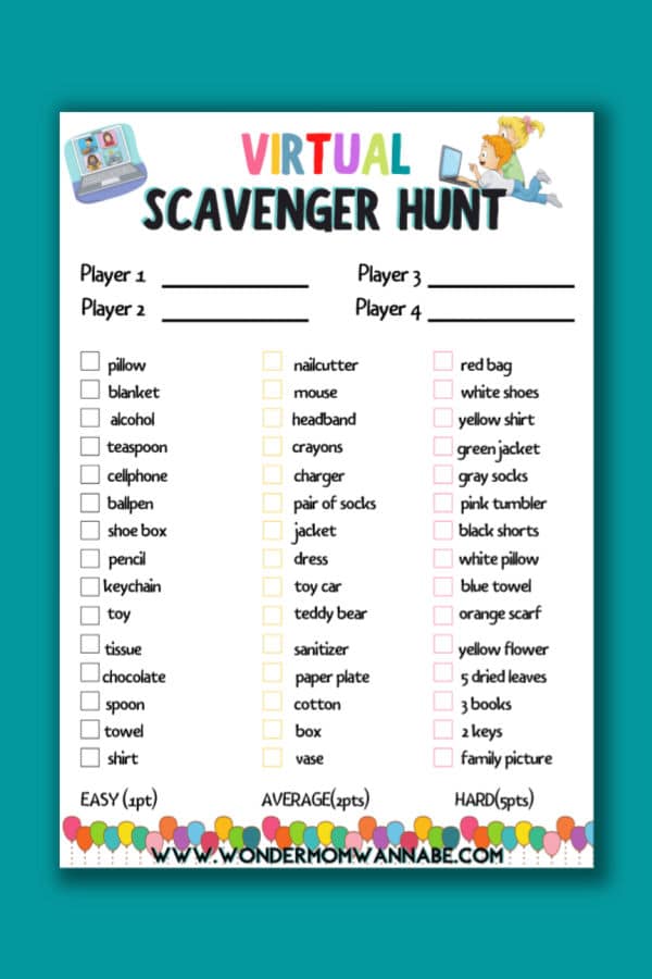 Explore VIP Vault's Virtual Scavenger Hunt, a digital game with four player slots and items like a book, nail cutter, and red pen. It offers easy to hard difficulty levels at the bottom for an adventurous experience.
