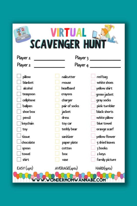 Explore VIP Vault's Virtual Scavenger Hunt, a digital game with four player slots and items like a book, nail cutter, and red pen. It offers easy to hard difficulty levels at the bottom for an adventurous experience.