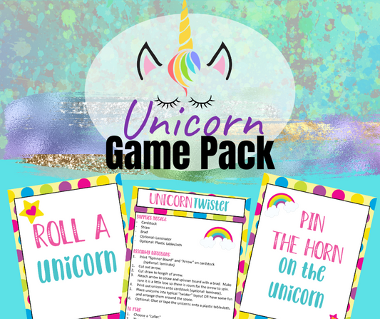 A digital product featuring the vibrant Unicorn Party Game Pack by Wondermom Shop, complete with a unicorn face and rainbow colors, perfect for any printable Unicorn Party.