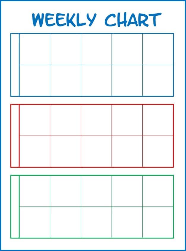 The VIP Vault Discipline Chart System for Kids is a digital product featuring a blank weekly chart with three color-coded sections—blue, red, and green—each with seven columns and three rows, ideal for activities or discipline routines.