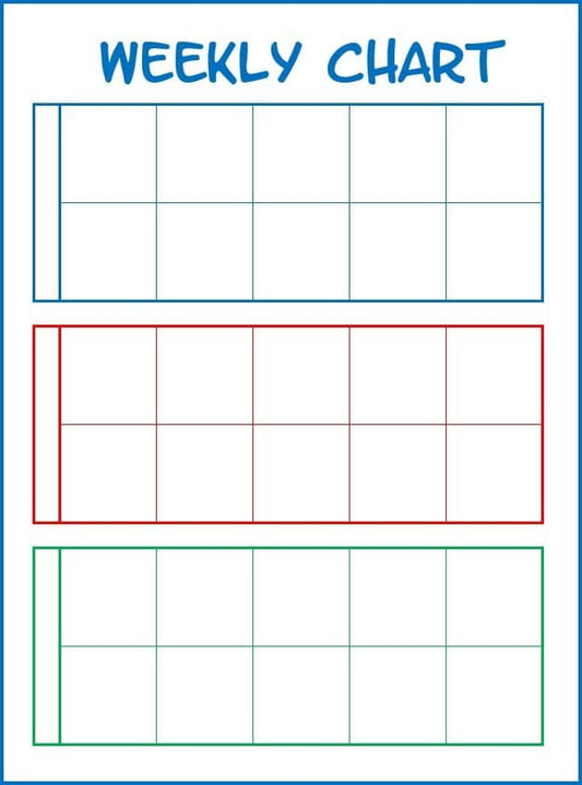 The VIP Vault Discipline Chart System for Kids is a digital product featuring a blank weekly chart with three color-coded sections—blue, red, and green—each with seven columns and three rows, ideal for activities or discipline routines.