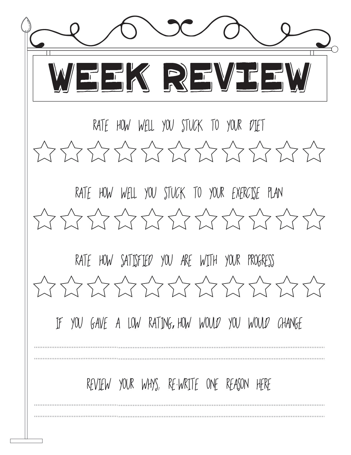 The Healthy Habits Journal by Wondermom Shop features a black and white "Week Review" worksheet with star ratings for diet, exercise, progress, plus space for feedback and reflections—ideal as a food and workout tracker.