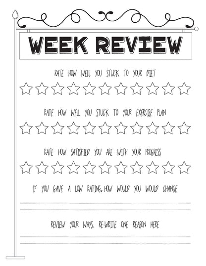 The Healthy Habits Journal by Wondermom Shop features a black and white "Week Review" worksheet with star ratings for diet, exercise, progress, plus space for feedback and reflections—ideal as a food and workout tracker.