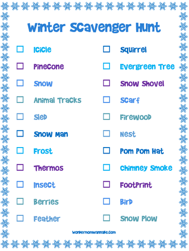 Printable Winter Scavenger Hunt for Kids, an Outdoor Family Activity.
