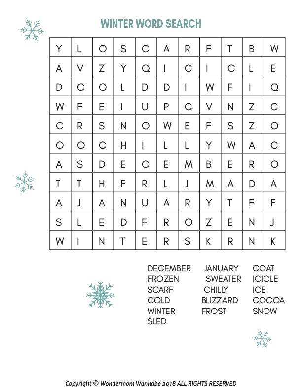 A printable winter word search, perfect for kids. This Winter Activity Kit for Kids from Wondermom Shop features snowflakes and words to keep little ones entertained.