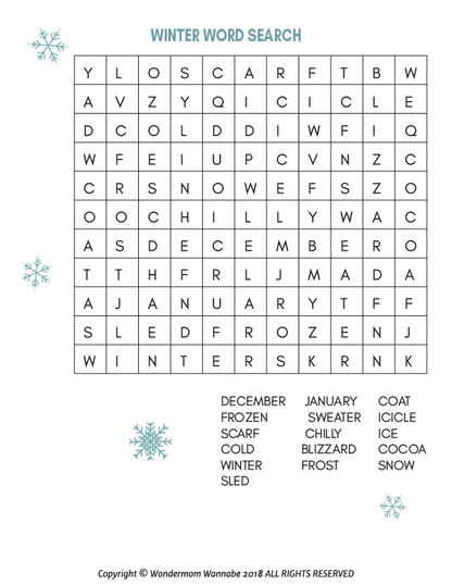 A printable winter word search, perfect for kids. This Winter Activity Kit for Kids from Wondermom Shop features snowflakes and words to keep little ones entertained.