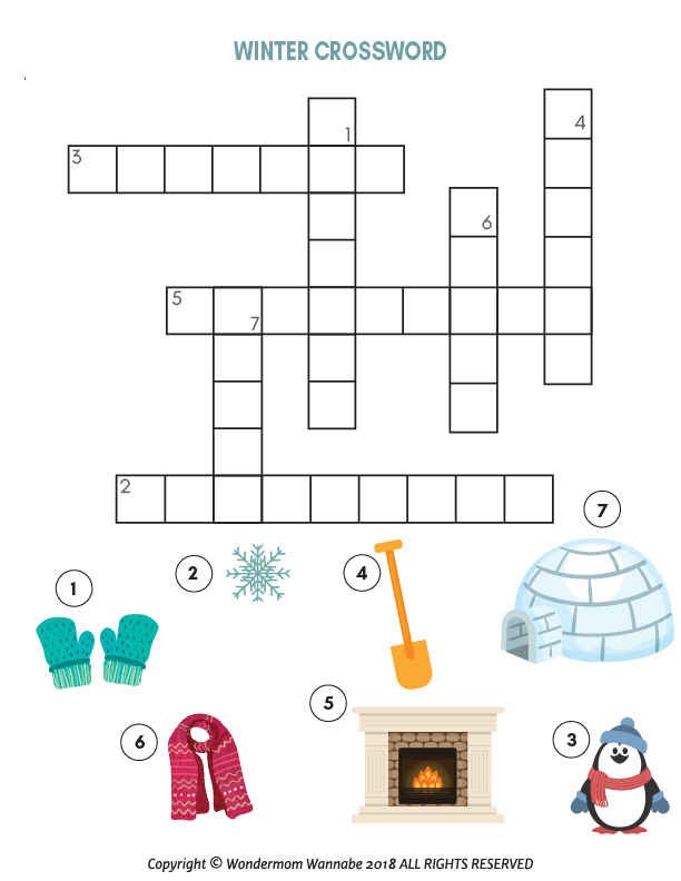 Printable winter crossword worksheet for kids featuring penguins from Wondermom Shop's Winter Activity Kit.