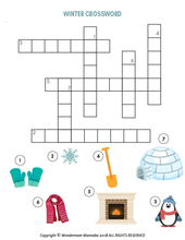 Load image into Gallery viewer, Printable winter crossword worksheet for kids featuring penguins from Wondermom Shop&#39;s Winter Activity Kit.
