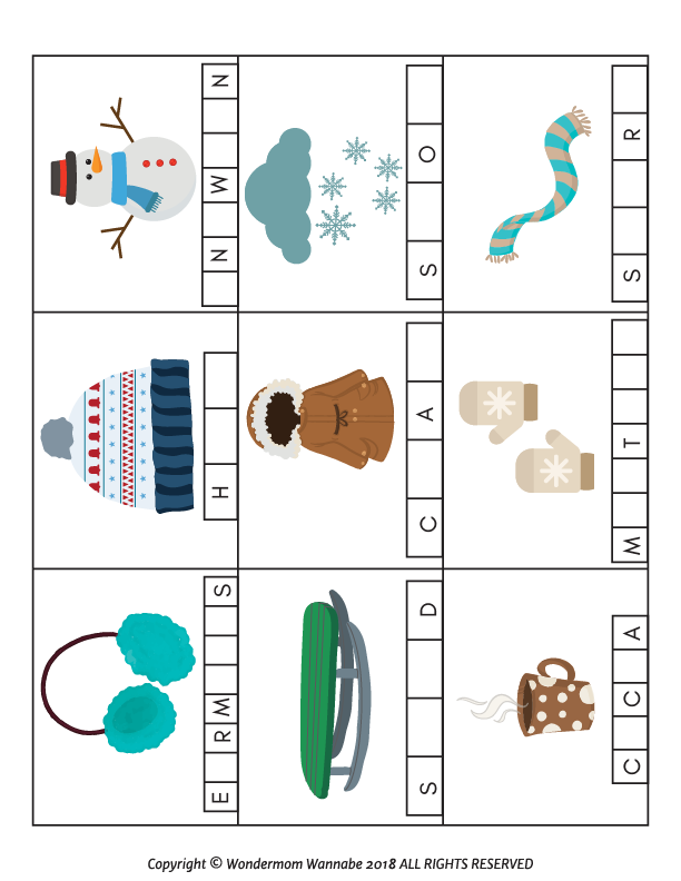 A colorful Winter Activity Kit for Kids, featuring printable pictures of hats, scarves, and mittens from Wondermom Shop.