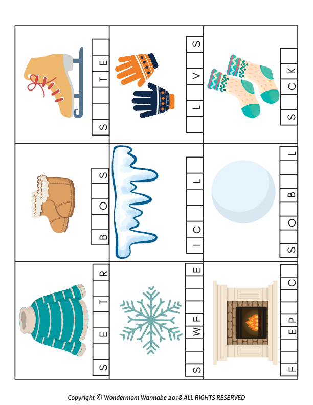 A printable Winter Activity Kit for Kids, featuring pictures of mittens, snow boots, and hats by Wondermom Shop.