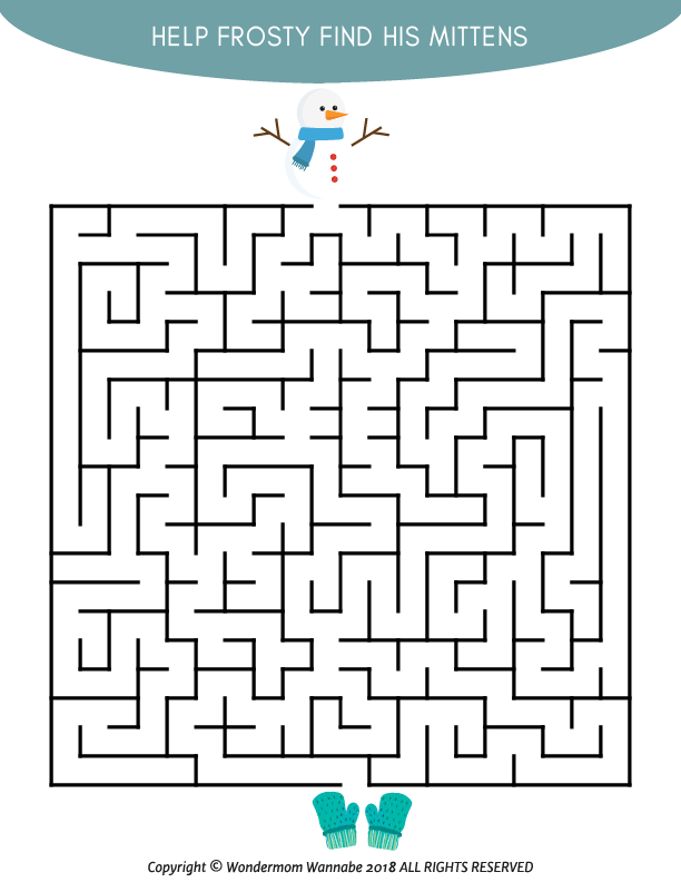 Printable Winter Activity Kit for Kids. Help Frosty find his mittens in this maze.