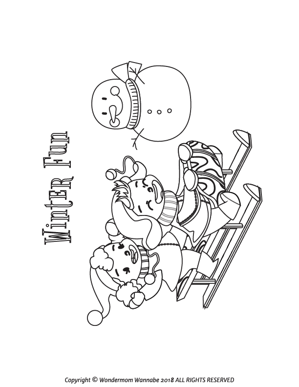 A printable coloring page featuring a snowman on a sled, perfect for kids to enjoy in their Winter Activity Kit for Kids from Wondermom Shop.