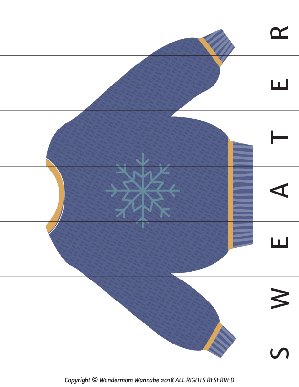 A printable image of a sweater with a snowflake on it for the Winter Activity Kit designed by Wondermom Shop.
