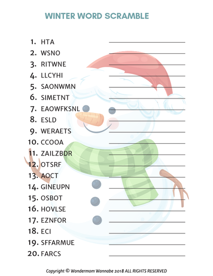 Printable winter word scramble worksheet for kids can be found in the Winter Activity Kit for Kids from Wondermom Shop.