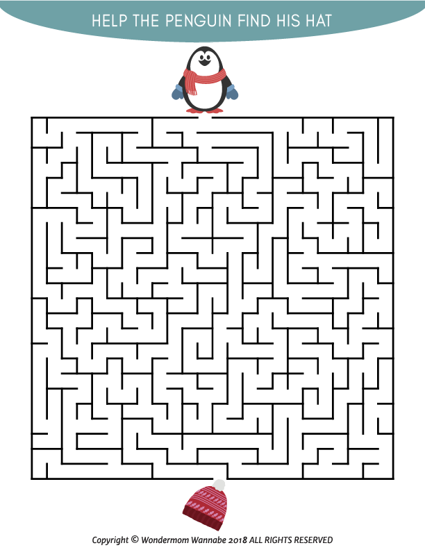 Printable Winter Activity Kit for Kids from Wondermom Shop to help the penguin find his hat in a maze.